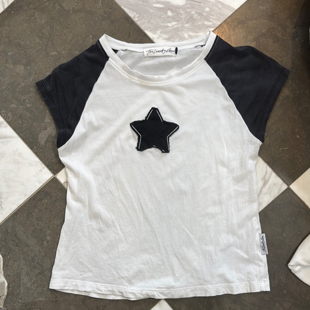 Free People Black and White Raglan Tee with Star Patch